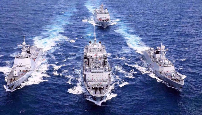 The navy ship exercise in the sea