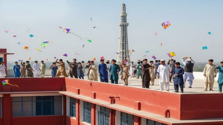 people flying kites on roof in lahore