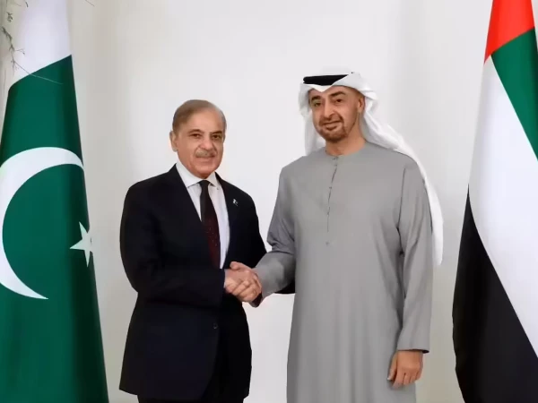 Prime minister Shahbaz Sharif shaking hand with the president of UAE